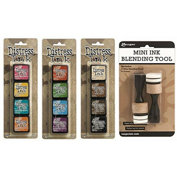 Ranger Tim Holtz Distress Mini Ink Pad Kits 1, 2, 3 and Mini Ink Blending Tool Bundle