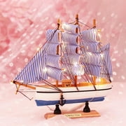 6 Inch Mediterranean Style Wooden Handcrafted Sailing Ship Boat Model Ornament Home Desktop Decoration Gift，include LED Light