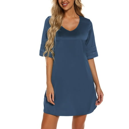 

Paille Women Solid Color Soft Pajama Ruched Nightdress Night Gowns V Neck Summer Sleepwear Nightgowns