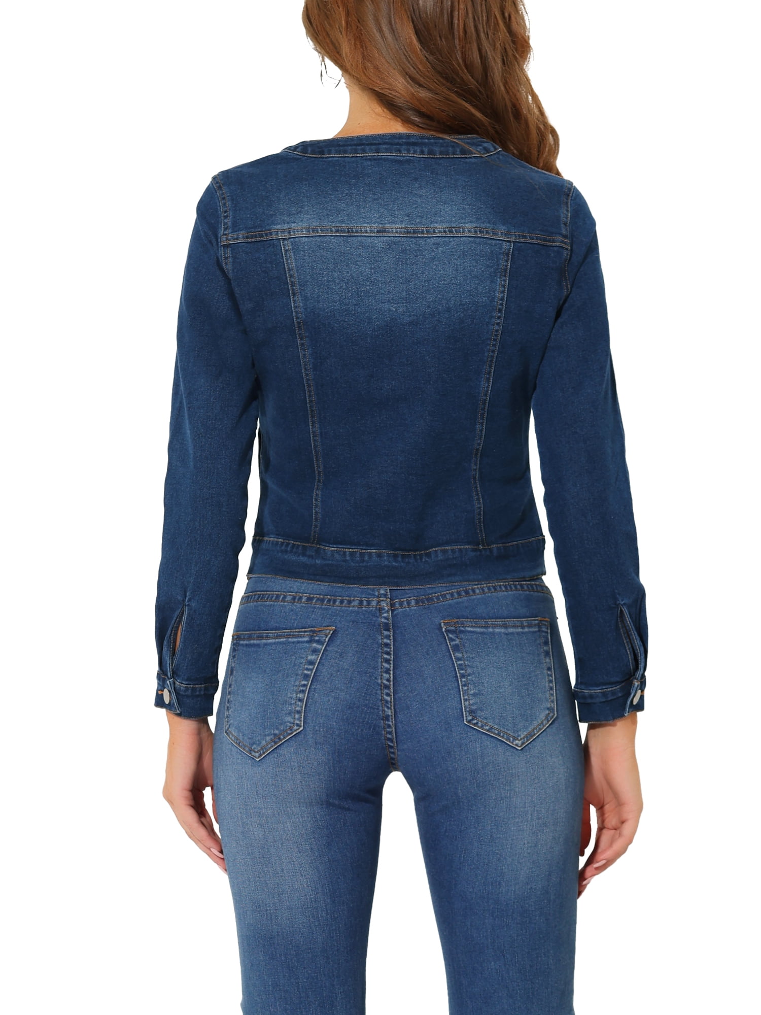 DARING DIVA Women's Button Down Collarless Cropped Denim Jacket S Dark Blue