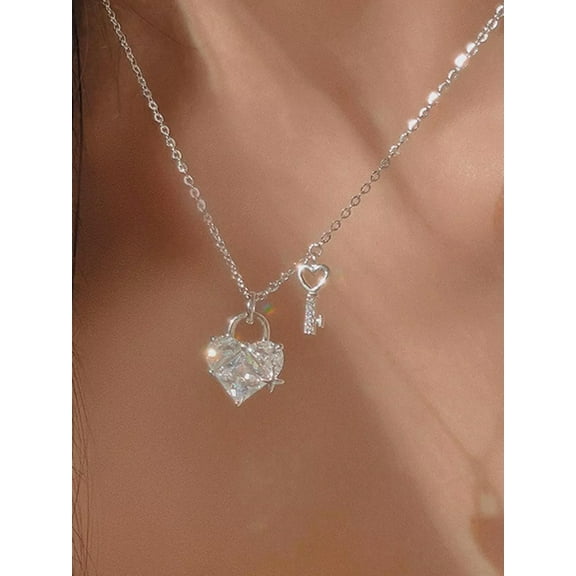 QQTDFG 1pc Stainless Steel Cubic Zirconia Key Heart Pendant Necklace For Women For-default