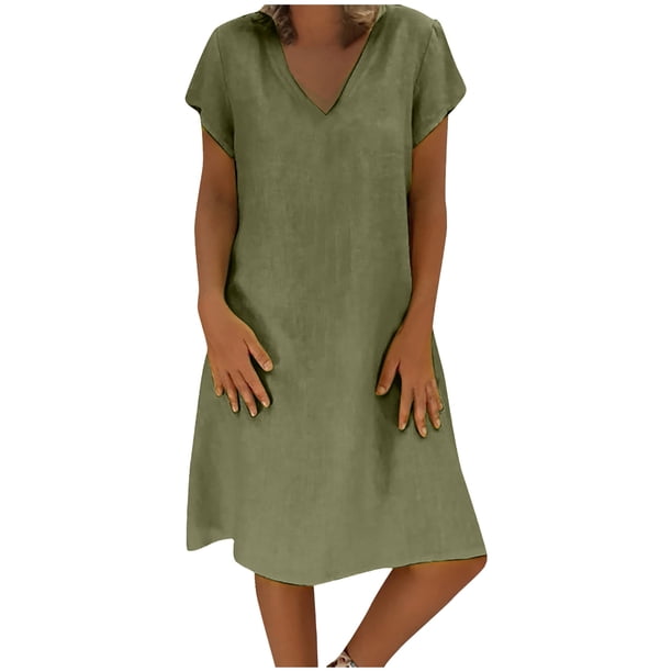 Vestido midi de manga corta de lino de color liso con cuello en V para mujer: vestido informal para verano y otoño