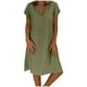 thumbnail image 1 of Vestido midi de manga corta de lino de color liso con cuello en V para mujer: vestido informal para verano y otoño, 1 of 7