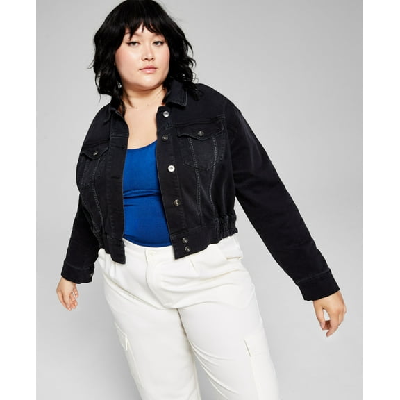 Trendy Plus Size Cropped Denim Jacket Black 1X
