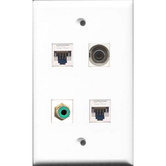 RiteAV - 1 Port RCA Green and 1 Port 3.5mm 2 Port Cat5e Ethernet White Wall Plate