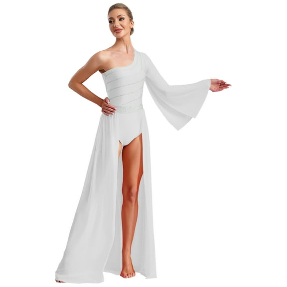 Lejafay Women Lyrical Dance Dress One Shoulder Flared Sleeve Flowy Split Dress White M