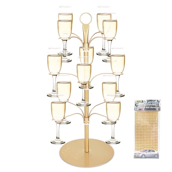 Wanchiy 3-Tier Metal Cocktail Tree Stand with 12 Glass Holders – Crystal Accents for Home Bar