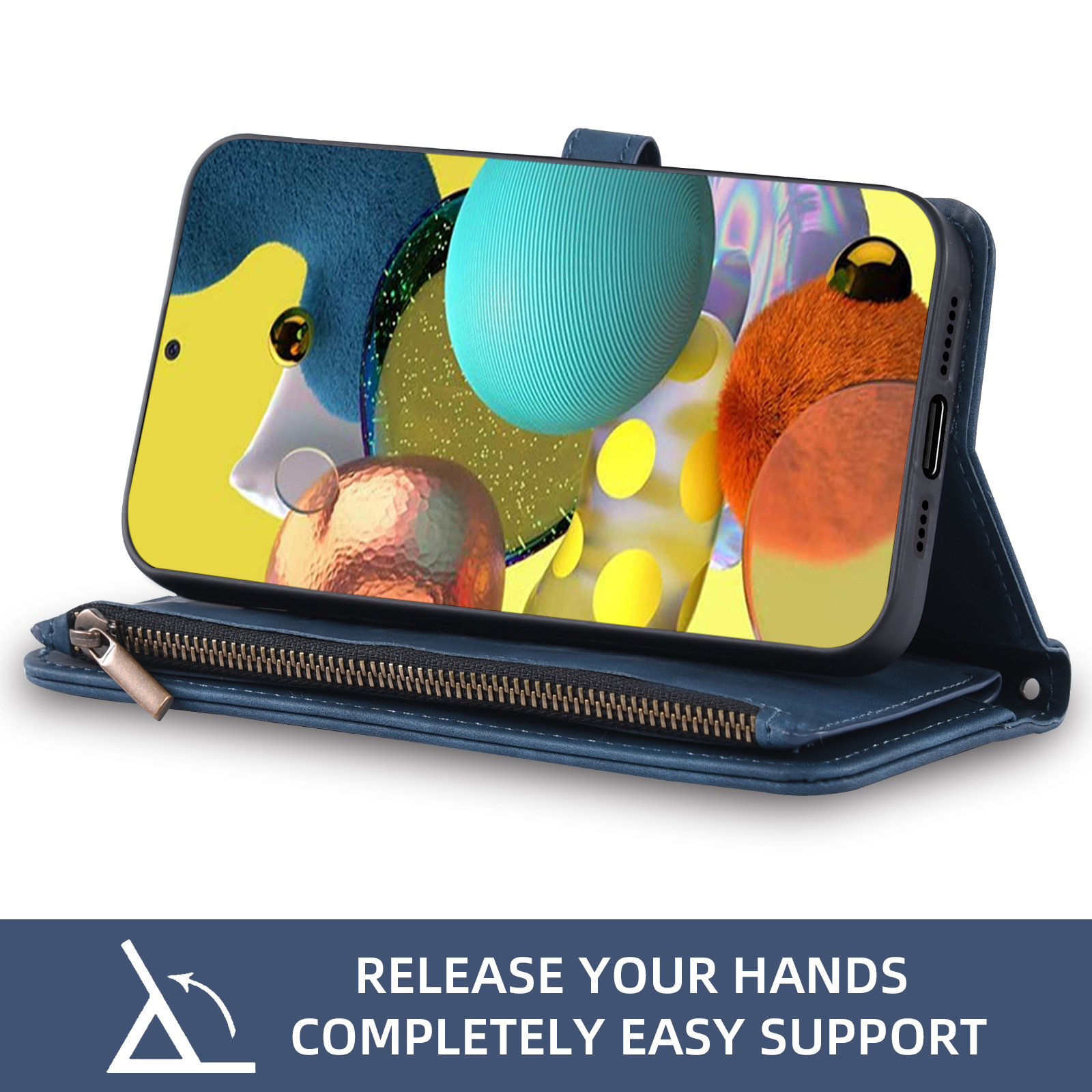Asuwish Phone Case for Samsung Galaxy A51 4G Wallet Cover With Tempered Glass Screen Protector Crossbody Wrist Strap Flip Pattern Zipper Credit Card Holder Cell A 51 M40S 51A A515F S51 Women Men Blue