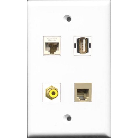 RiteAV 1 Port RCA Yellow and 1 Port USB A-A and 1 Port Phone RJ11 RJ12 Beige and 1 Port Cat6 Ethernet White Wall Plate