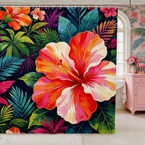 Manfei Boho Flowers Shower Curtain 72Wx72L,Hawaiian Tropical Botanical Bathroom Curtain