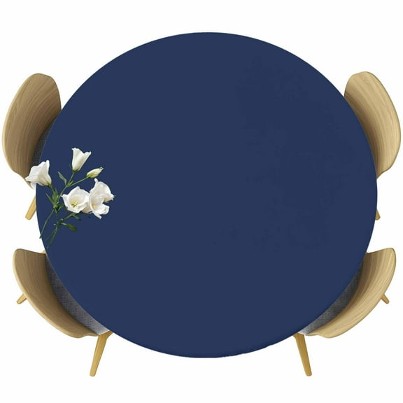 Navy Blue Round Fitted Table Cover Solid Color Waterproof Table Cloth with Elastic Edge Wipeable Tablecloth for Picnic Camping Party Fits 55"-60" Diameter