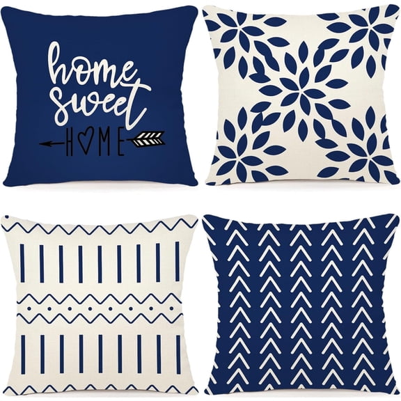 Pillow Covers 16x16 Set of 4, Modern Sofa Throw Pillow Cover, Decorative Outdoor Linen Fabric Pillow Case for Chair Sofa Couch Bed Car, Dark Blue