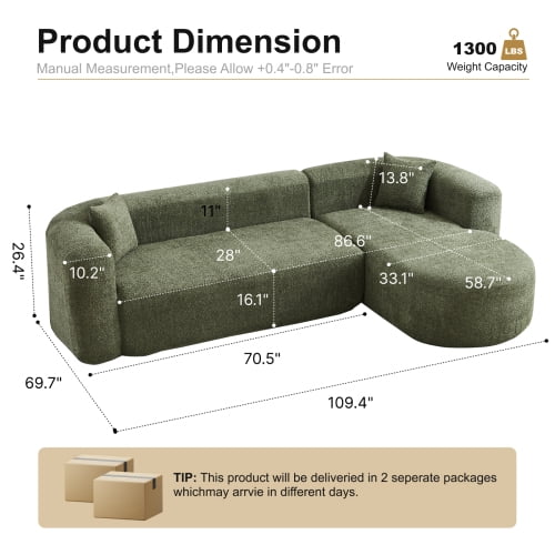 109.4" Boneless Modular Sectional Sofa with L-Shaped Chaise, Cloud-Like Chenille Couch, No Assembly Required, Green