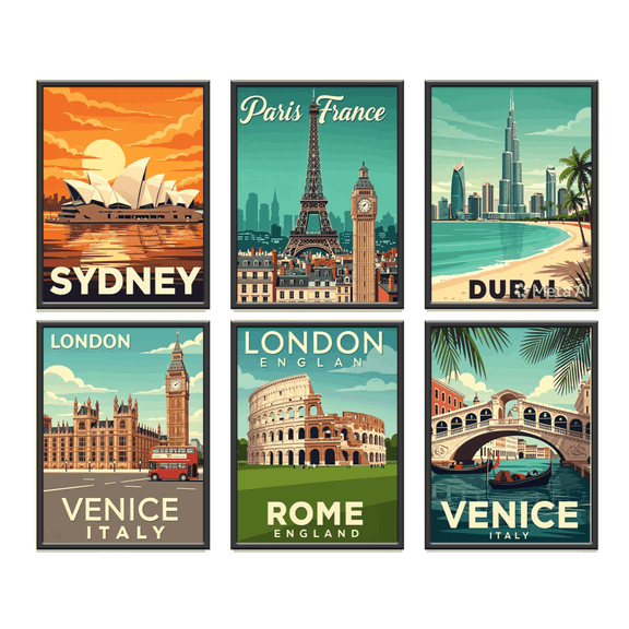 Travel Theme Canvas Unframed Painting for Wall Decoration - Wall Paintings for Living Room, Bedroom,Hall,Kids Room (10x13 Inch) Set of 6