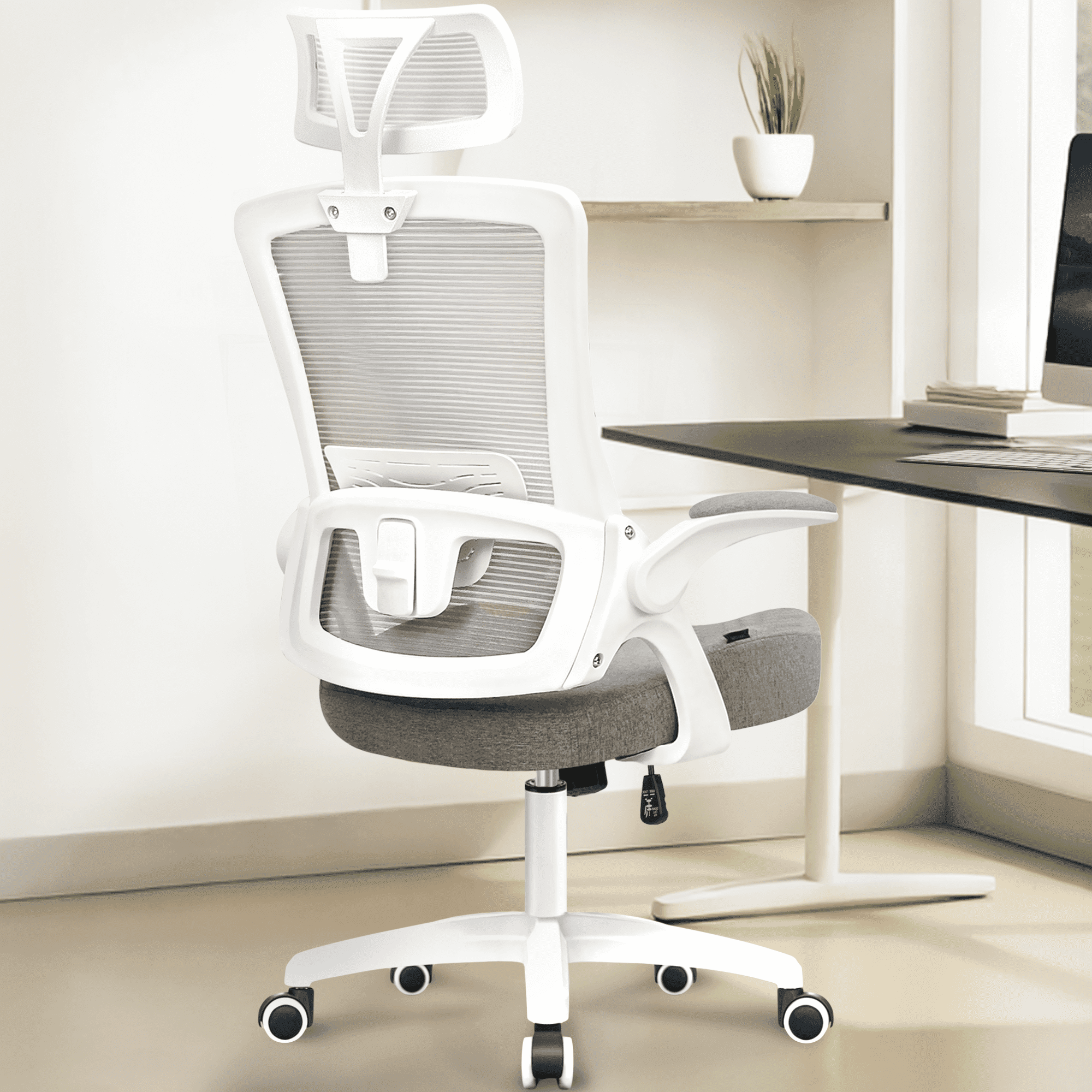 CELTOSS Ergonomic Office Chair, High Back Flip-Up Armrests Design, Adjustable Mesh Headrest and Lumbar Support, Gray