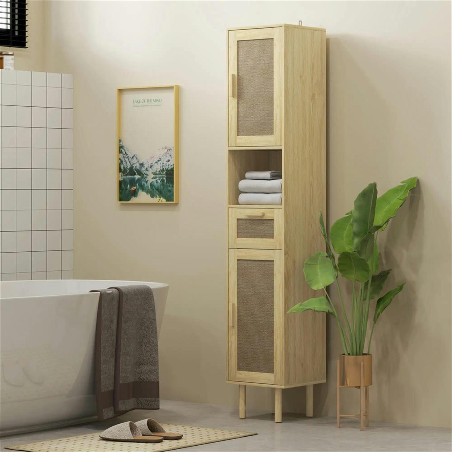 Demi Bonn 67" Tall Bathroom Storage Cabinet, Freestanding Cabinet with Rattan Drawer and Door for Living Room, Kitchen, Dining Room, Office, Beige