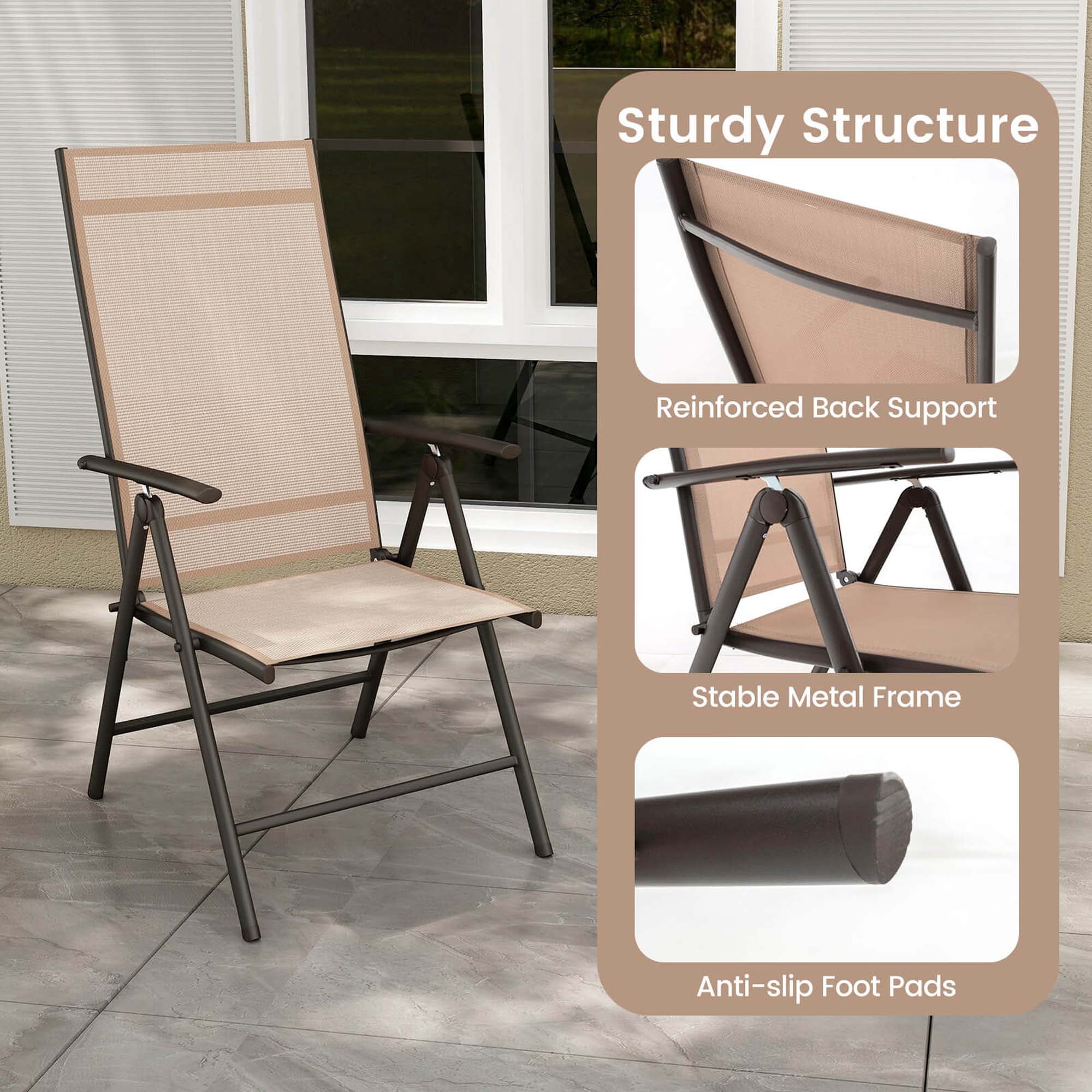 Costway 1 PCS Patio Folding Dining Chair with 7-Level Adjustable High Backrest for Garden Brown