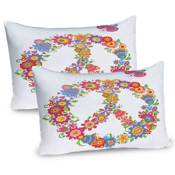 Groovy Pillow Sham Set of 2, Peace Flower Colorful Illustration About Equality Peaceful World Dreamlike, Quality Microfiber Bedding Item for All Seasons, 26" x 20", Multicolor, by Ambesonne