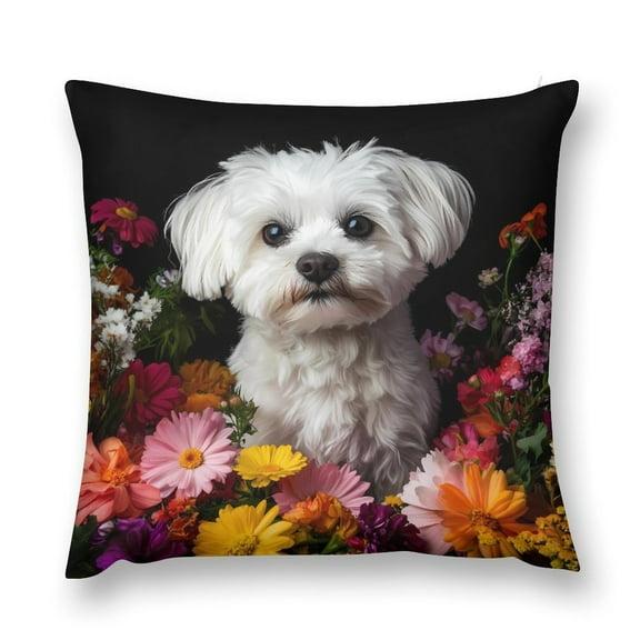 Maltese Dog And Daisies Throw Pillow Cases Plush Pillow Cover Decorative Pillowcases Zipper Closure Cushion Covers for Couch Living Room Bedroom 12 "x12 "