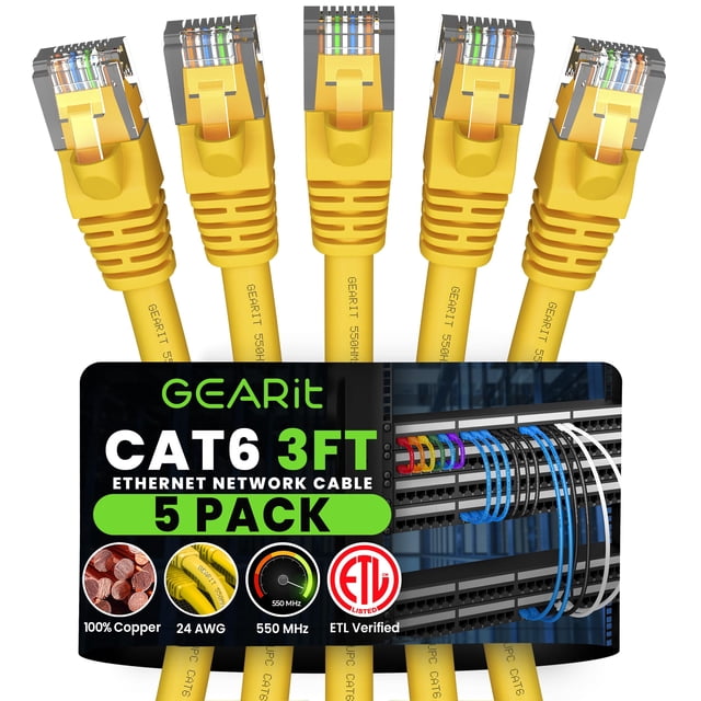 Cable Ethernet GEARit Cat6, paquete de 5, 0,9 m, 10 Gbps, amarillo