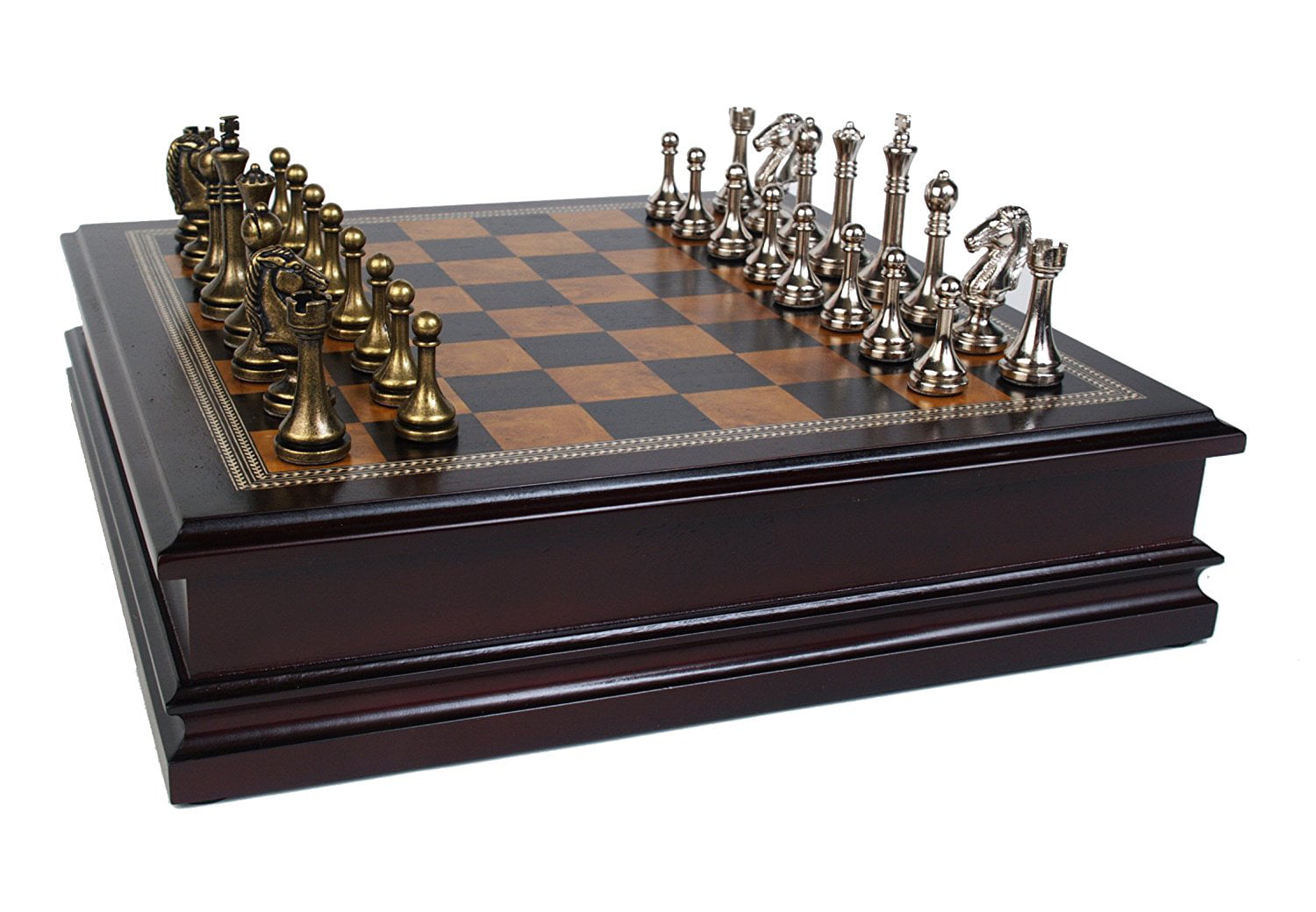 Chess Board Game Set Wood Wooden Inlaid Lift Up Storage METAL Pieces 12 Inch NEW 
