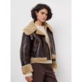 thumbnail image 6 of Women Faux Leather Jacket with Faux Fur Lining Warm Winter Biker Coat Brown XL, 6 of 9