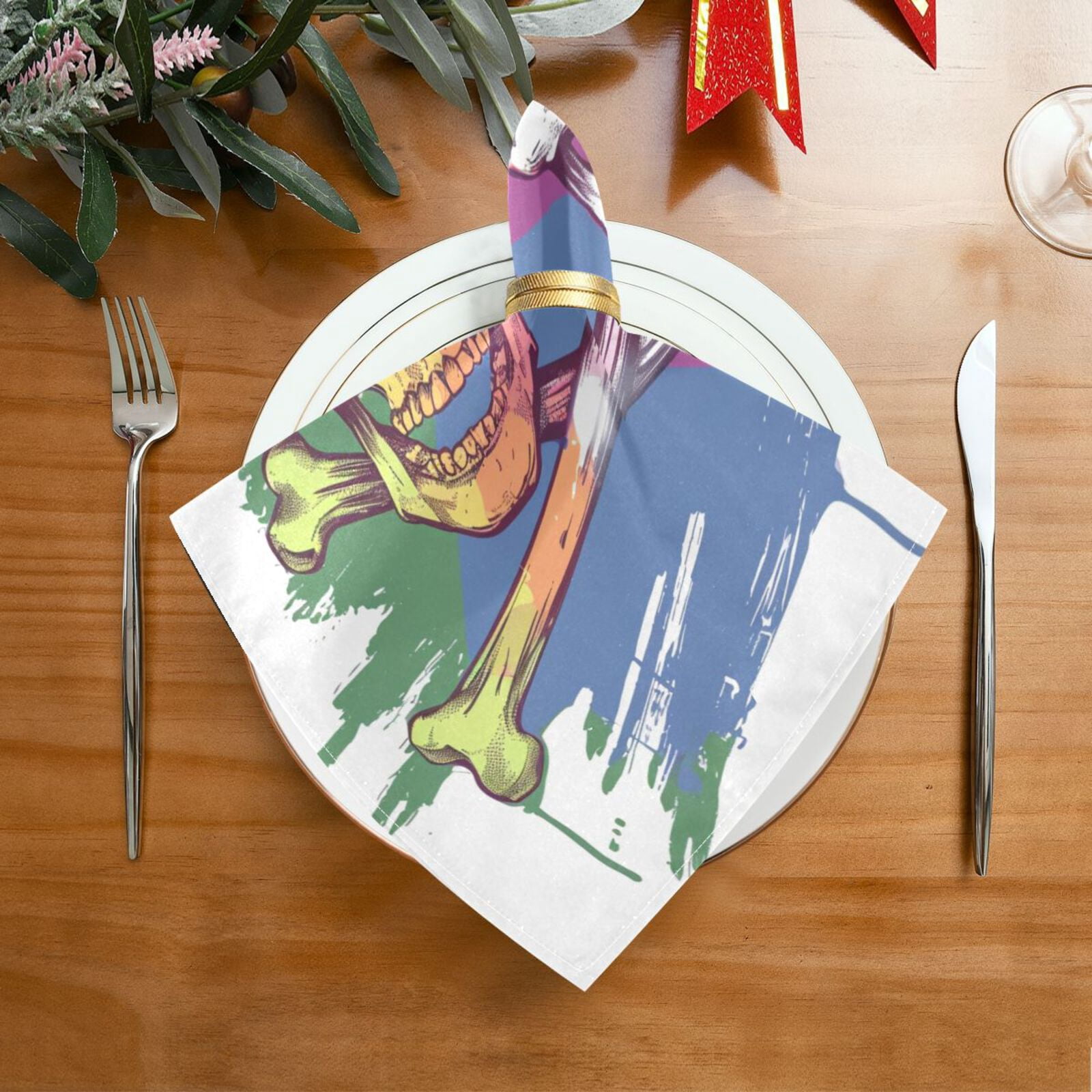 JSTEL Skull Bone Rainbow Color Cloth Napkins Set of 6, 20x20 Inch Washable and Reusable Napkin for Decoupage Dinner Party Everyday Use