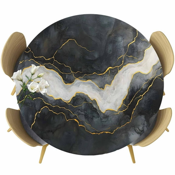 Marble Round Tablecloth 55-60 Inch Round Fitted Table Cloth with Elastic Edge, Black Grey Modern Luxury Gold Waterproof Table Cover Protector for Outdoor Picnic Party Dining