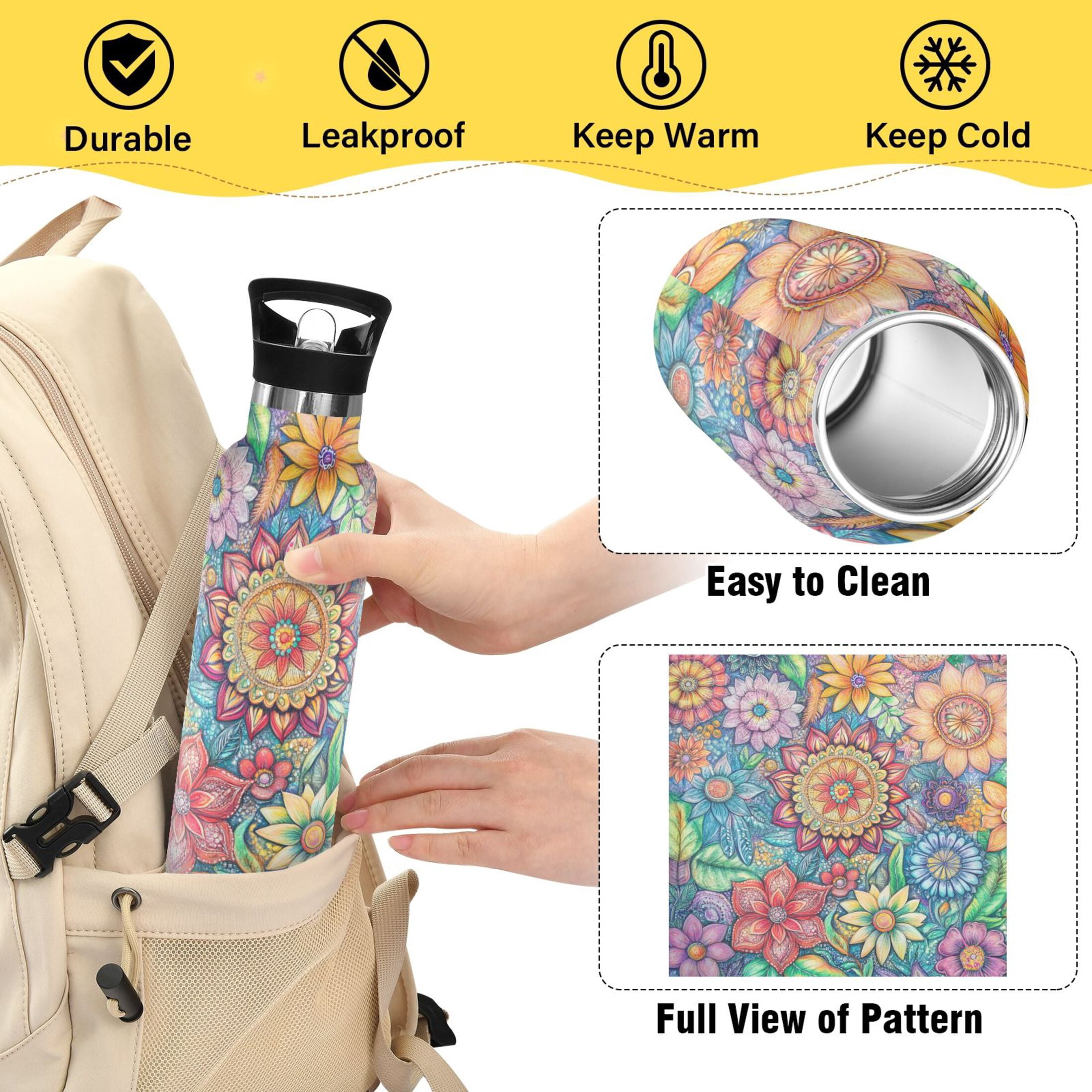 Kids Insulated Stainless Steel Sports Water Bottle 600ml (20oz) Vibrant and Colorful Flower