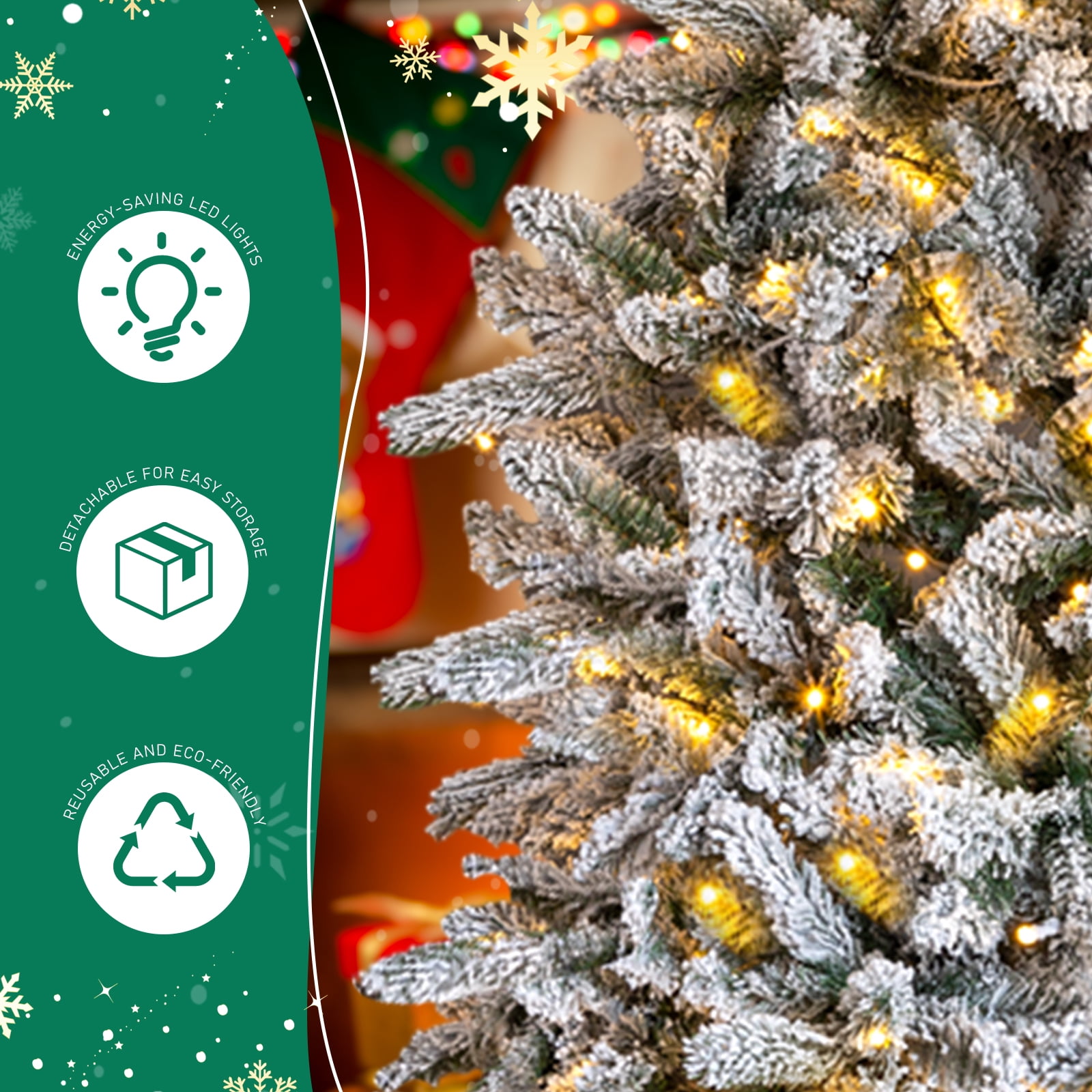 Astoutdoor 7 ft Snow Flocked Pre-Lit Artificial Pencil Christmas Tree with 1100 Branch Tips and 400 Lights, Snowy Green