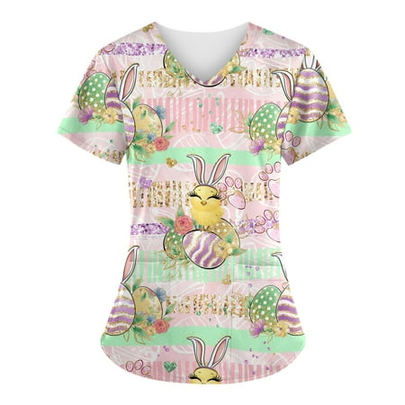 

Women s Easter Scrub Top Casual V Neck Easter Print Bunny Eggs Pattern Loose Fit Short Sleeve Blouses Tops with Pockets