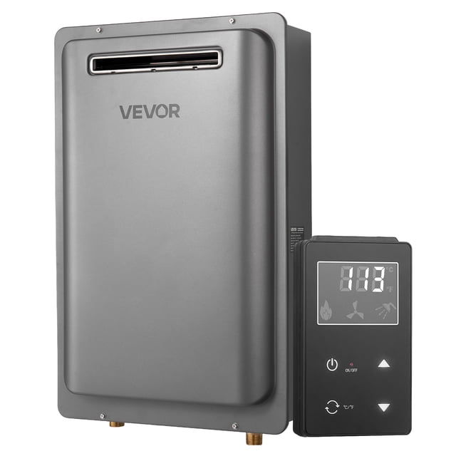 Calentador de agua instantáneo a gas VEVOR, 8 galones para exteriores, 191000 BTU, control inteligente de temperatura, interfaz NPT de 3/4 de pulgada y múltiples protecciones de seguridad