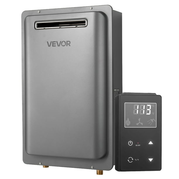 Calentador de agua instantáneo a gas VEVOR, 8 galones para exteriores, 191000 BTU, control inteligente de temperatura, interfaz NPT de 3/4 de pulgada y múltiples protecciones de seguridad