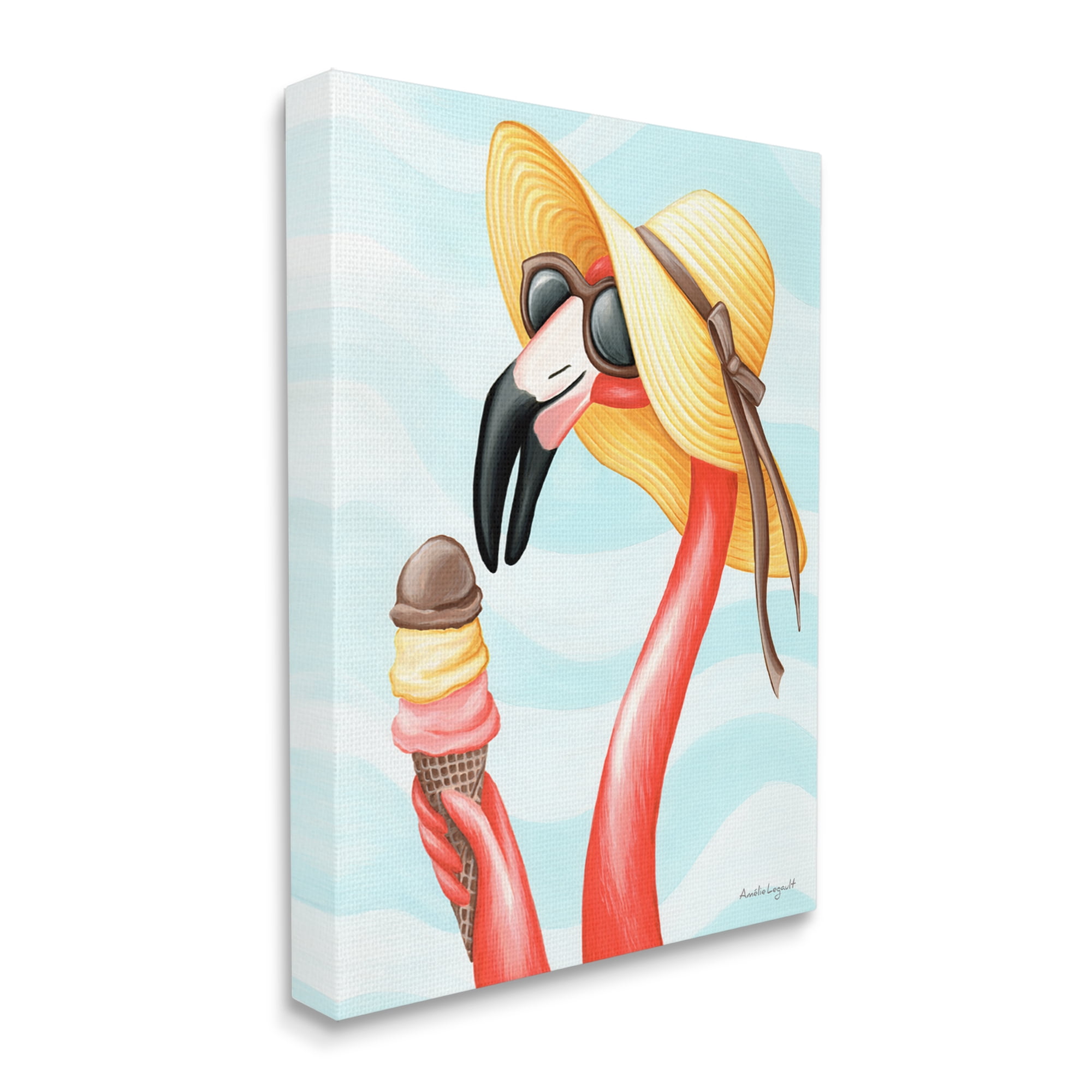 Stupell Industries Summertime Flamingo Sun Hat Enjoying Ice Cream Cone Graphic Art Gallery Wrapped Canvas Print Wall Art, Design by Amelie Legault