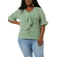 thumbnail image 6 of Agnes Orinda Women's Plus Size Blouse Ruffle Front Smocked Sleeves V Neck Solid Casual Tops 3X White Green, 6 of 9