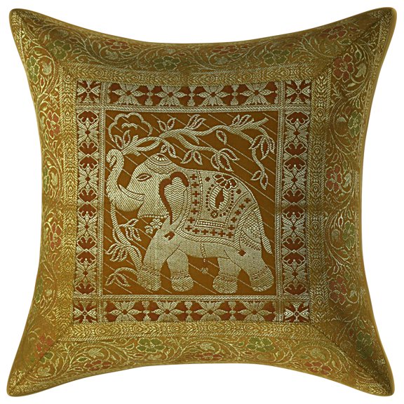 Stylo Culture Indian Chair Seat Throw Pillow Cover 16 x 16 Jacquard Gold Square 40 x 40 cm Home Decor Brocade Elephant Floral Zippered Cushion Cover | 1 Pc