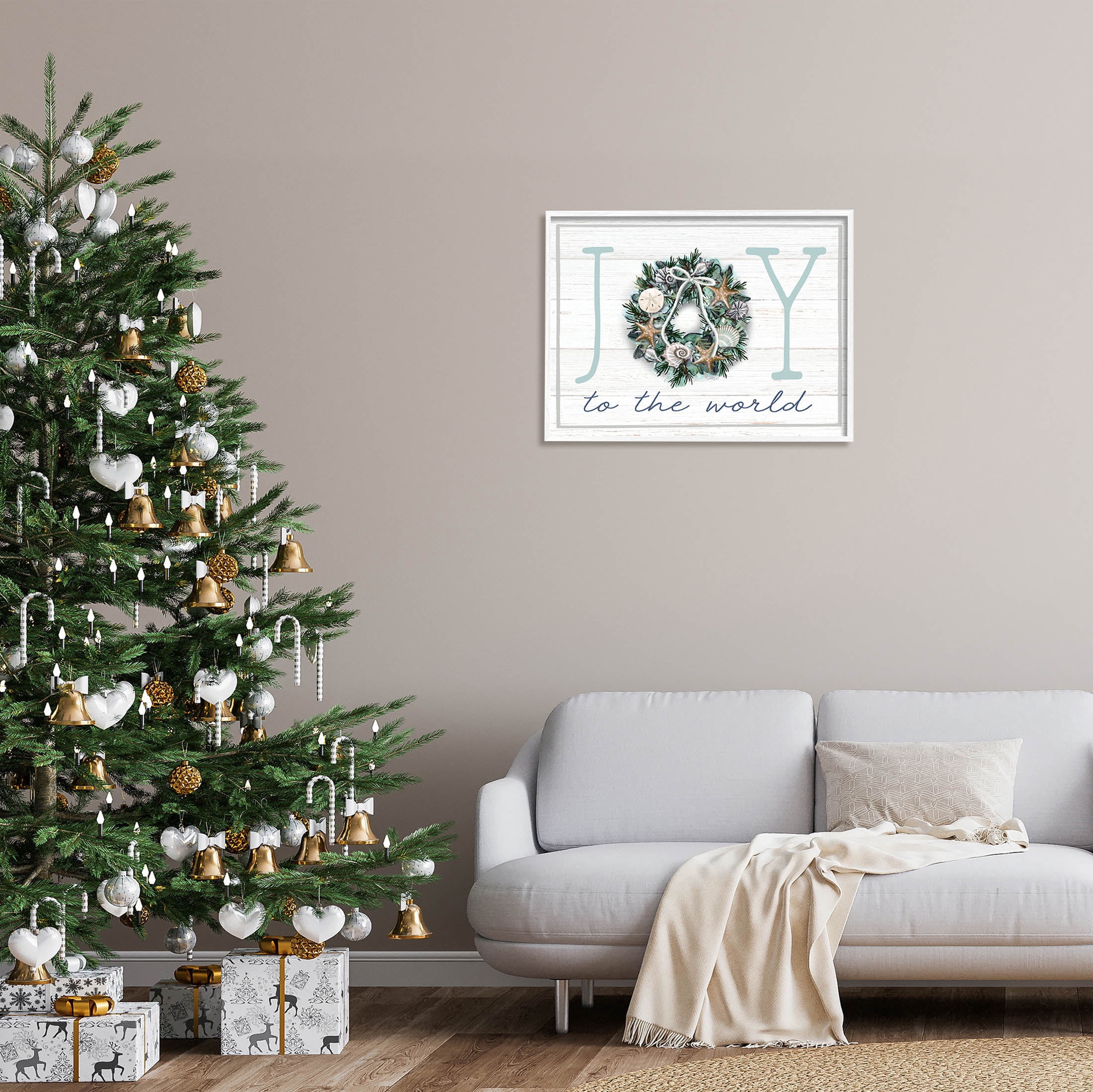Stupell Industries Joy To The World Nautical Wreath Graphic Art White Framed Art Print Wall Art, Design by Elizabeth Tyndall