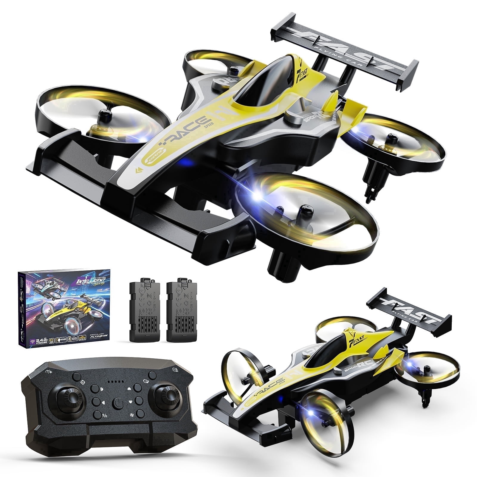 Drones for Kids, Wefone ZF24 2-in-1 Air and Land RC Vehicle, Remote Control Car, 3-Speed, 360°Flip, Headless Mode, Circle Fly, 2 Batteries, Yellow