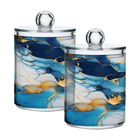 2 Pack Qtip Holder Dispenser Navy Blue Sapphire Marble Clear Plastic Storage Apothecary Jars for Cotton Swabs Balls Pads Floss