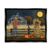 Stupell Industries Scarecrow Farm Landscape Holiday Painting Black Floater Framed Canvas Art Print Wall Art, 31 x 25