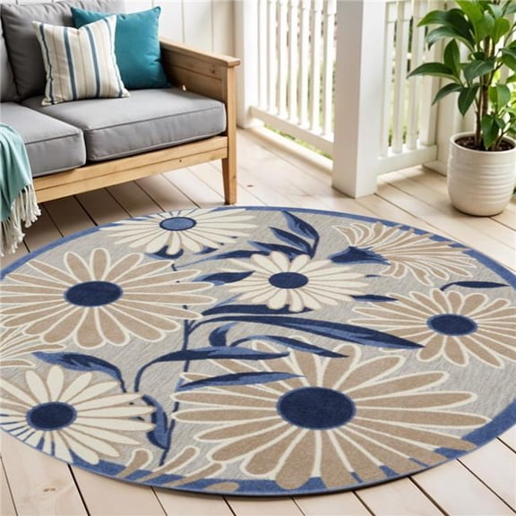 HomeRoots 545016 5 ft. Blue & Gray Round Floral Indoor & Outdoor Area Rug