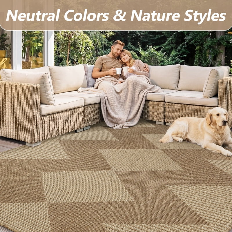 SIXHOME 8'x10' Outdoor Rugs, Bohemian Geometry Patio Rug, Indoor Outdoor Polypropylene Weave Textured Carpet, Water-Resistant, Quick-Dry Rug for Porch, Balcony, RV, Garden, Neutral Brown