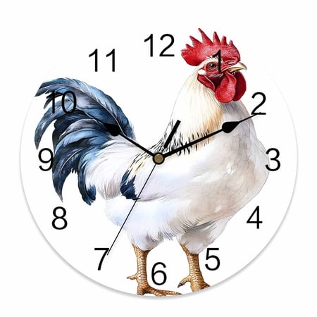 Wall Clock 14 inch White Blue Rooster Battery Operated Clocks Silent Non-Ticking Wallclock Vintage Style Round Decorative Wall Clocks for Home Office School