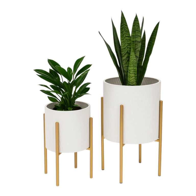 Sagebrook Home | Textured Planter On Metal Stand White/Gold (Set of 2)