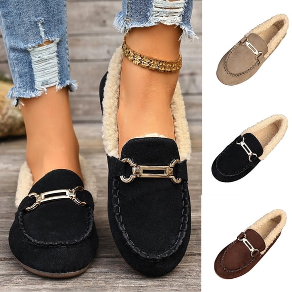 Women’s Fuzzy Lined Loafers, Winter Warm Faux Suede Moccasin Flat Shoes, Metal Buckle Slip‑On Casual Walking Shoes