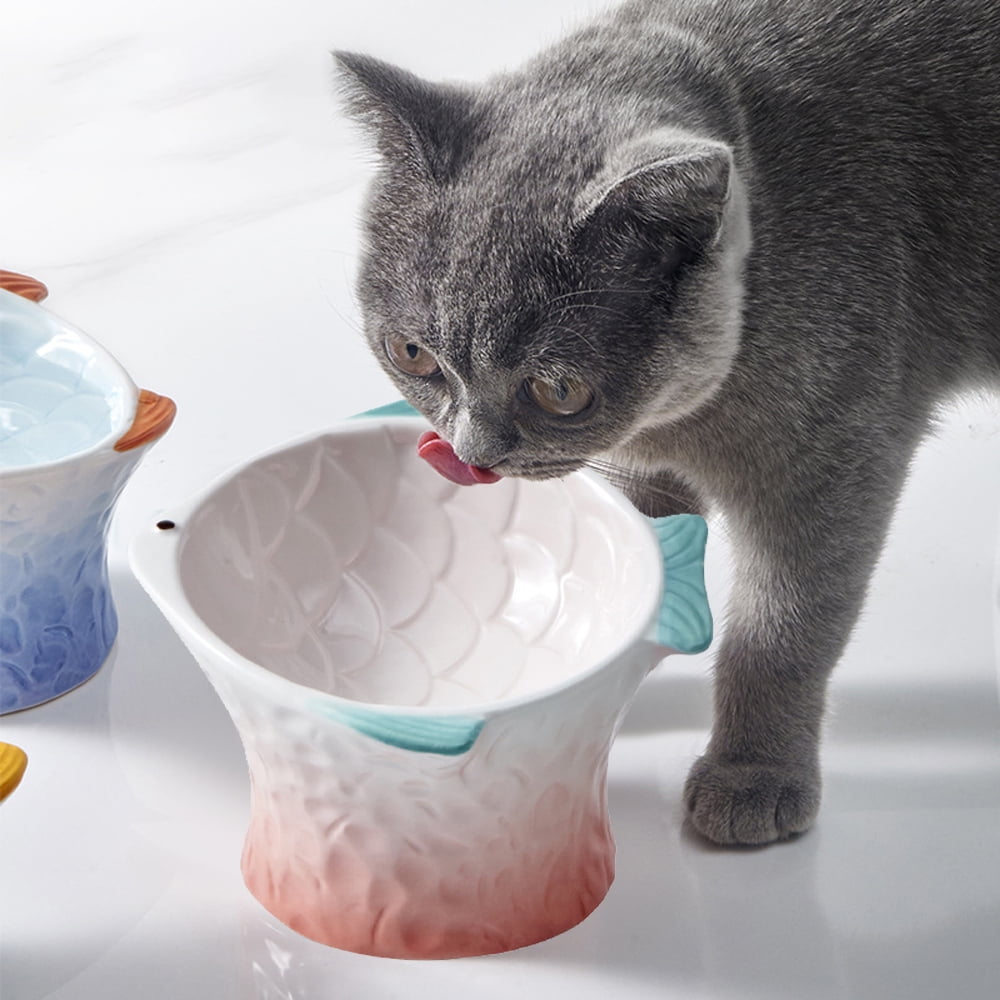 Cat bowl ceramic utensils protect cervical vertebrae eating pot cat food cat bowl colorful fish - PINK