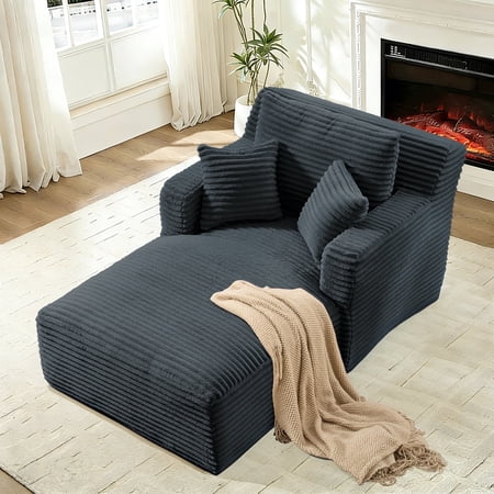 FFH 65.4" Chaise Lounge Indoor, Modern Corduroy Fabric Indoor Lounge Chair, Sleeper Sofa for Living Room, Small Space, Dark Gray