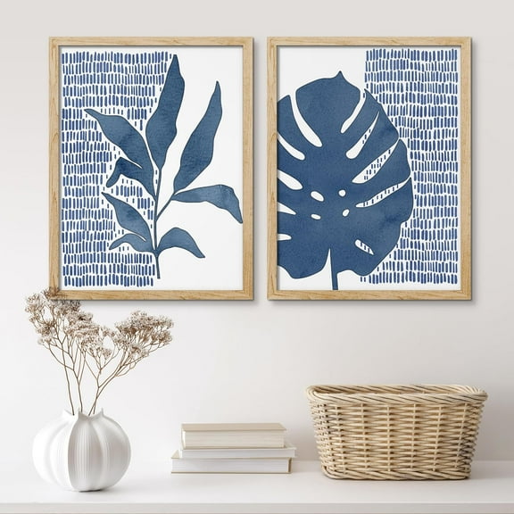 PixonSign Framed Wall Art Navy Blue Botanical Dot Posters, Set of 2 Tropical Leaf and Monstera Boho Illustrations Wall Decor, Adhesive Canvas Prints for Home Decor - 11"x14" Natural