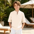 thumbnail image 2 of Boys Tshirts Boys Henley Loose Fit Short Sleeve Shirt Solid Mandarin Collar Lightweight Casual Top Kids Beige 11 Years-12 Years, 2 of 6