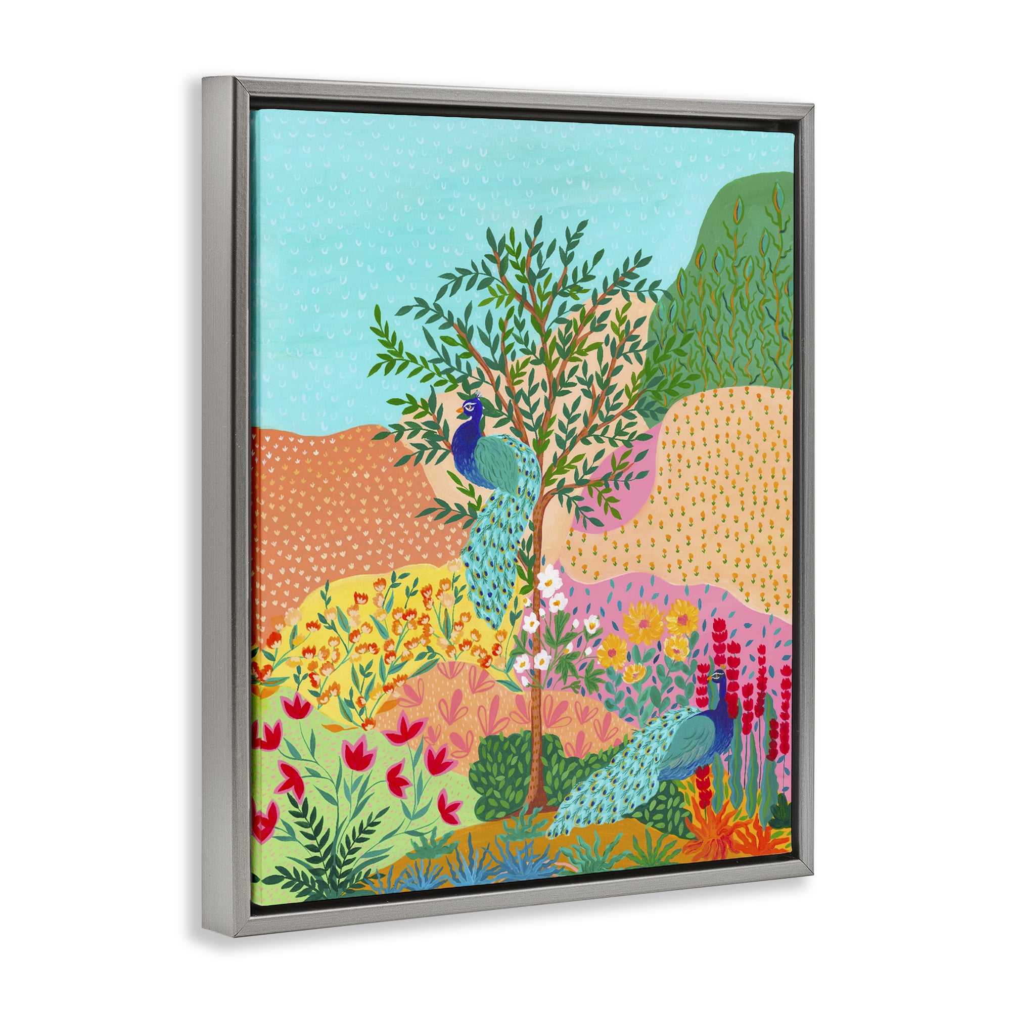 Stupell Industries Peacocks in Dotted Meadow Gray Framed Floater Canvas Wall Art, design by Nabeela Rumi